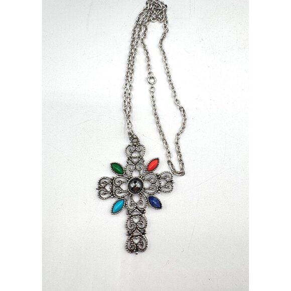 Vintage Avon Silver Tone Cross Pendant Necklace - Picture 3 of 4